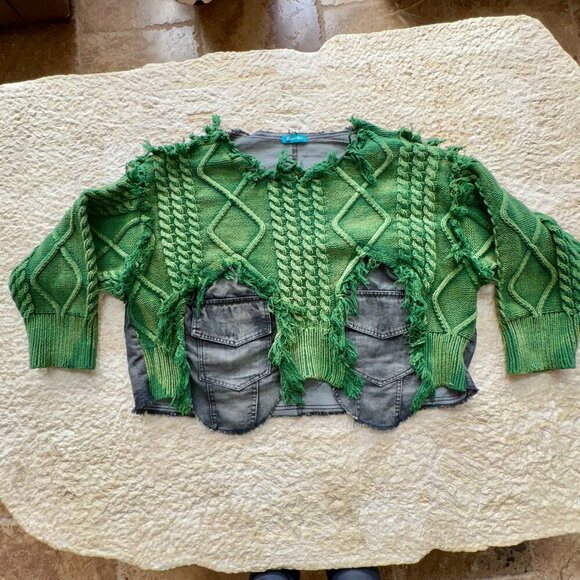 Upcycled Green Knit & Denim Destroyed Sweater – Statement Piece NWT - Picture 5 of 16